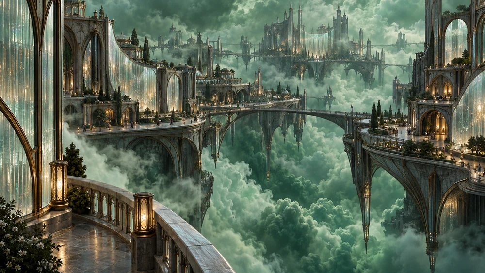Pearl-stone platforms, translucent screens and illuminated bridges suspended among jade clouds.