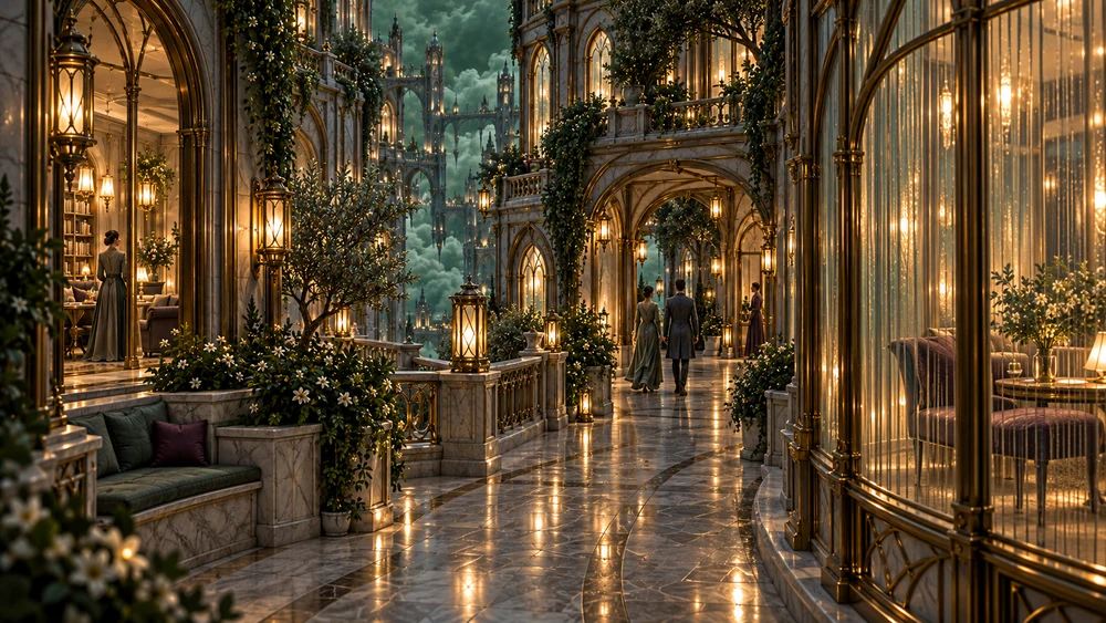 Residents walking past warm rooms and striated glass along a sheltered lantern-lit passage.