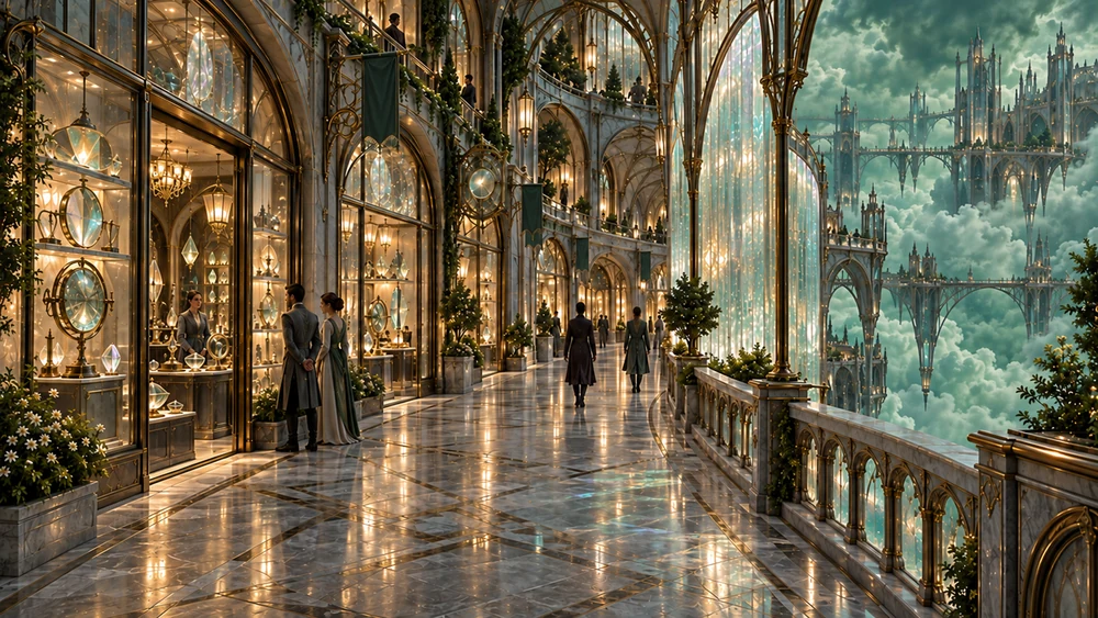 Visitors browsing lenses and cut glass along an arched promenade with plain jade banners.