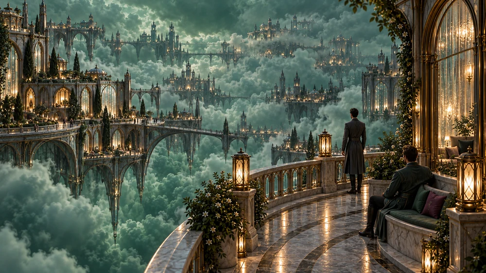 Two residents on a sheltered overlook facing illuminated galleries and bridges in jade mist.