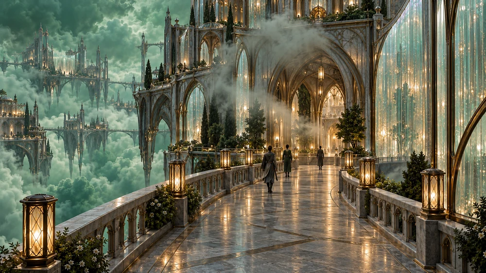 Lantern-lit stone bridge leading through a tall archway into Ilyssar.