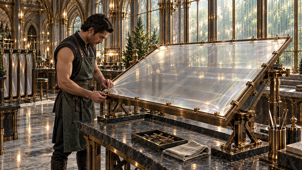 An artisan fastening a thin translucent film to an inclined, mechanically supported bronze frame.