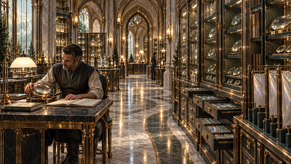 An archivist consulting a lens and its records beside cabinets of preserved optical samples.
