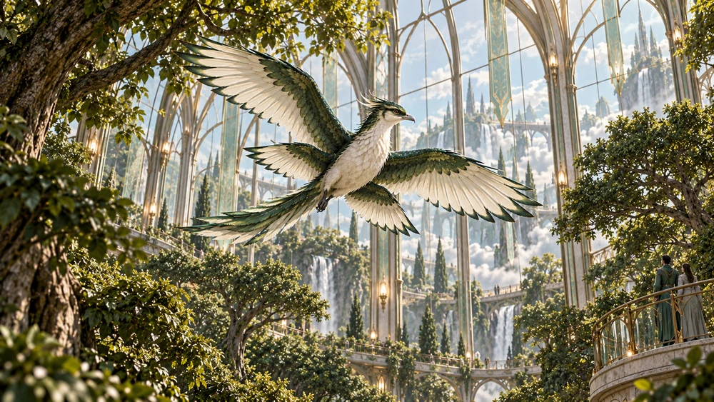 A four-winged Thaelun flying beneath a vaulted glass canopy above a visitor gallery.
