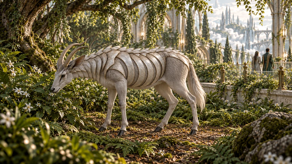A Vaeruun browsing leaves in a planted glade beside a sheltered path.
