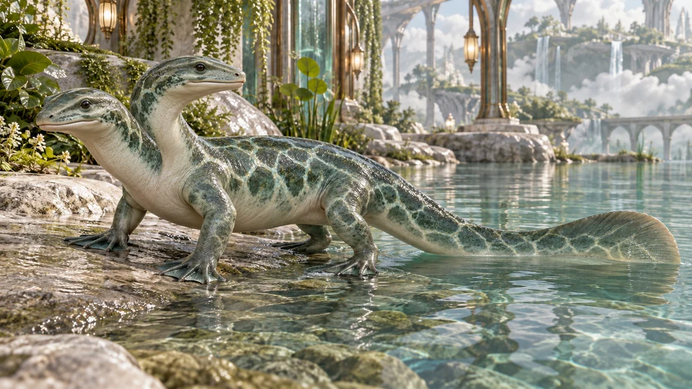 Two-headed Nhaleth in shallow water, with jade mottling and pale ripple-like camouflage.