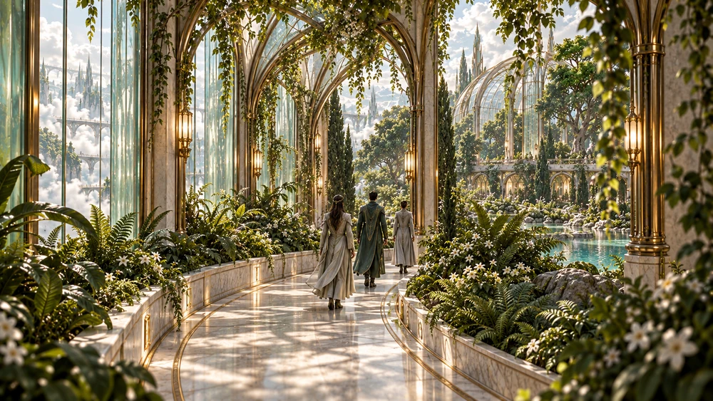 Visitors on a sheltered pearl-stone path beneath bronze arches and trailing foliage.