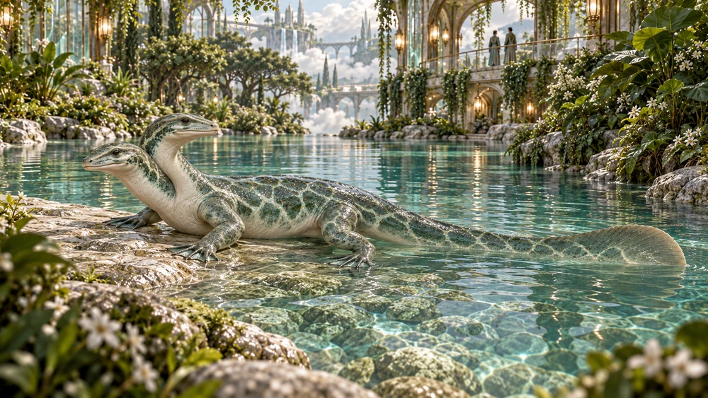 A two-headed Nhaleth resting in celadon shallows with its patterned tail beneath the water.