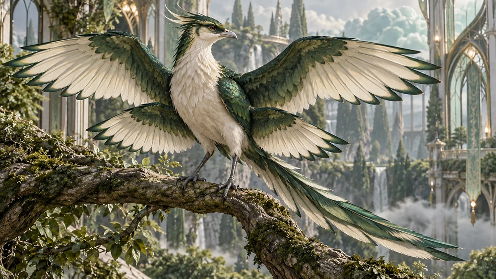 Thaelun with one large primary pair of wings and one smaller secondary pair, with ivory and jade feathers.