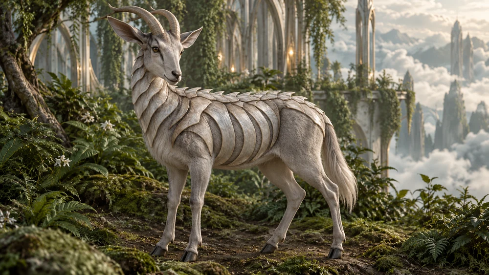 Vaeruun with ivory exoskeleton plates covering its neck, spine and ribs, and pearl-grey fur between the plates.