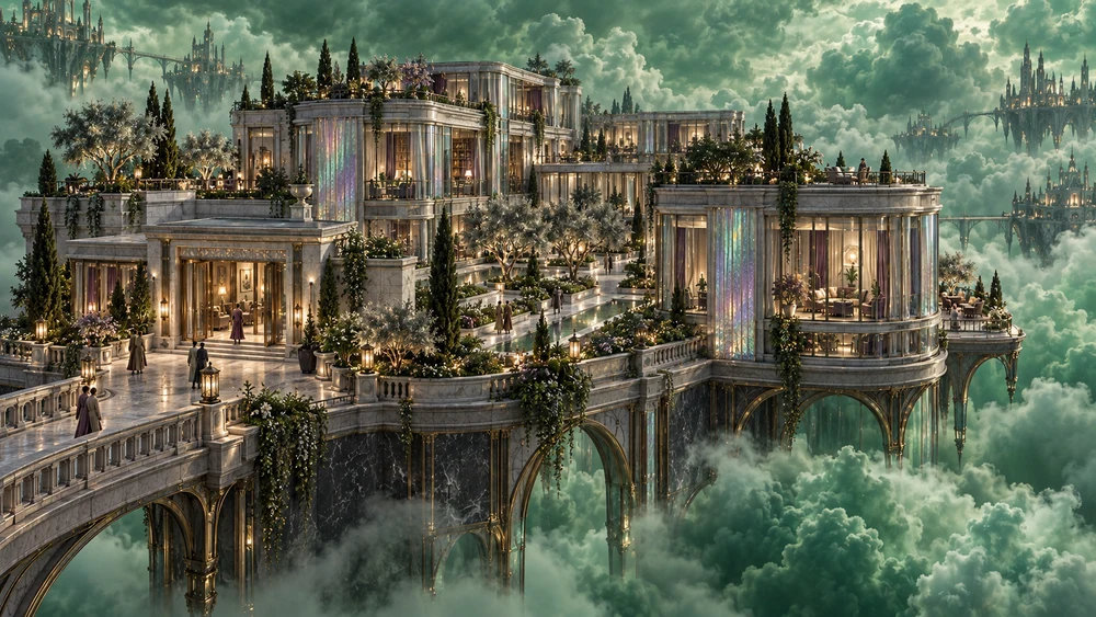 House Ilvaren’s cloud estate with pearl-stone terraces, iridescent glass and silver foliage above jade clouds.