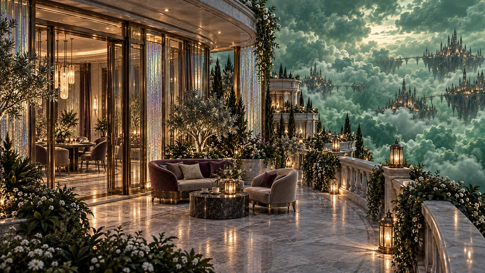A sheltered Ilvaren terrace with lanterns, silver foliage and warm dining-room light.