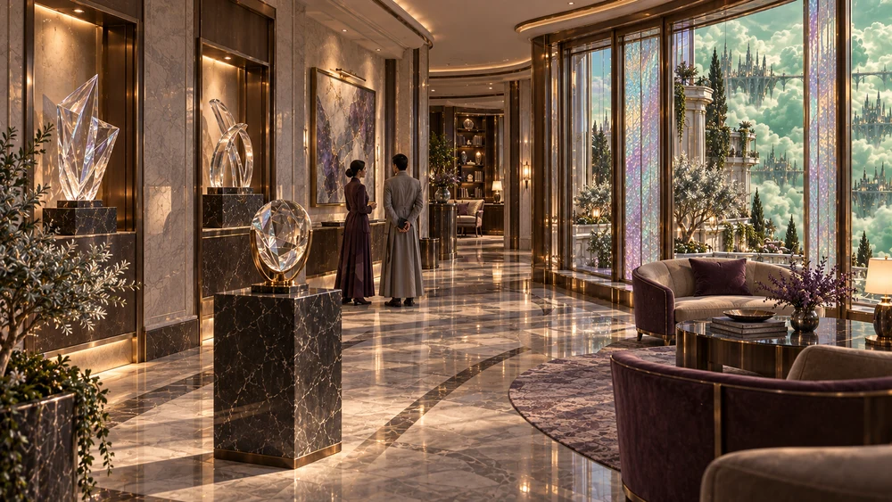 Collected glass artworks on mineral plinths with seating beside jade-cloud views.