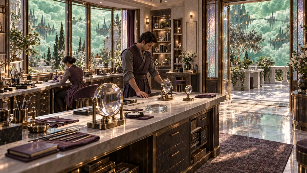 Craftspeople working with mounted lenses in a warm atelier overlooking the estate terrace.