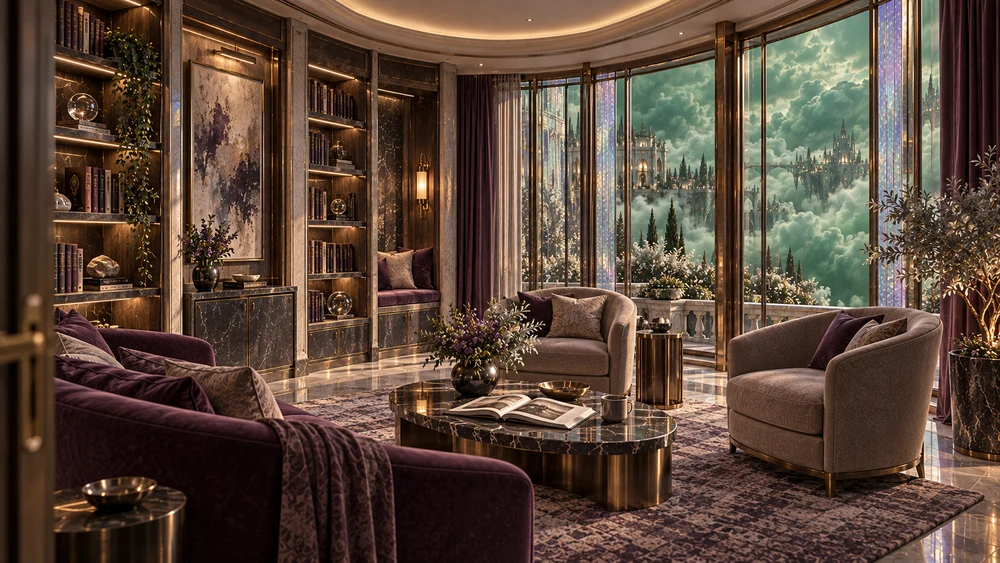 Plum and pearl seating, an open book and warm library shelves beside curved windows.