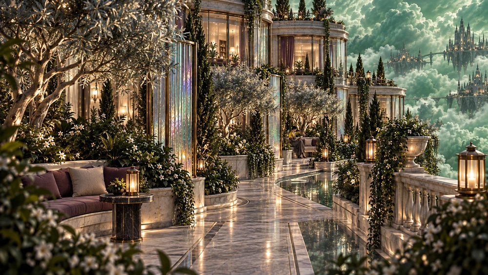 Silver foliage, translucent screens and sheltered garden seats within House Ilvaren’s cloud estate.