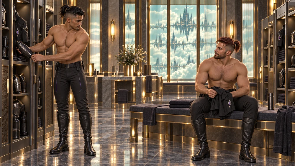 Two shirtless adult officers in uniform trousers and boots putting away armour and folding a shirt.