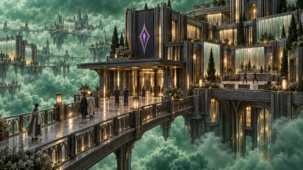 Arcane Watch station with a covered public entrance and protected practice court above jade clouds.