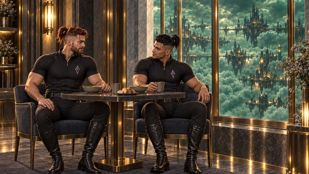 Two officers in Station Duty uniforms share a simple meal beside a jade-cloud window.