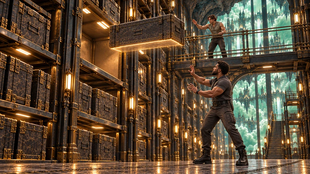 A worker raises a case toward an upper shelf while a colleague checks alignment from a protected gallery.
