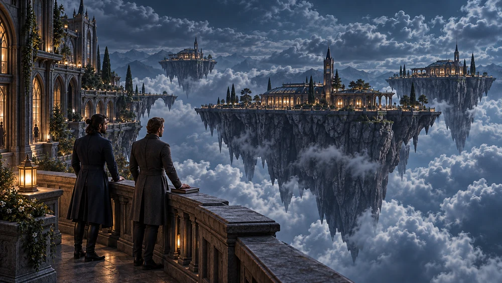 Two colleagues at a parapet look toward detached research pavilions across the clouds.