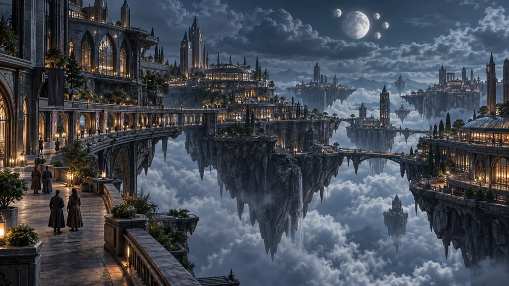 Ethaelis’s inhabited mineral platforms and long bridges above blue-grey clouds beneath five moons.
