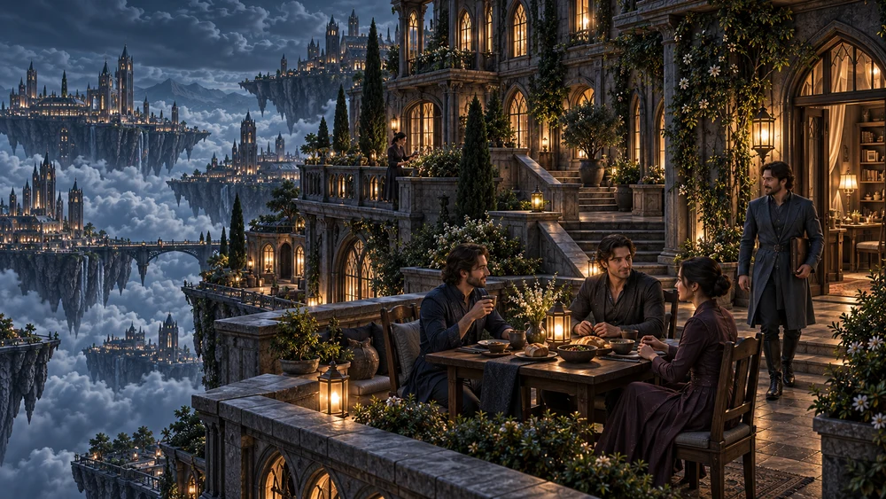 Residents share a meal on a planted terrace while another arrives carrying a work folio.