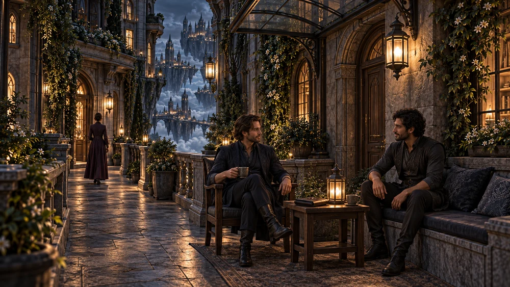 Two residents share warm drinks in a lamplit recess between planted doorways.