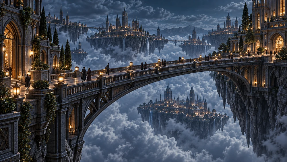 A long stone bridge carries residents between illuminated platforms above deep blue-grey clouds.