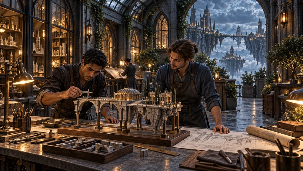 Two artisans compare a miniature bridge and platform with drawings on their workshop table.