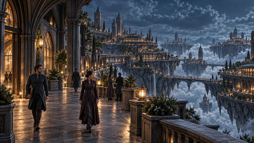 Residents crossing a sheltered slate terrace with warm windows overlooking Ethaelis.
