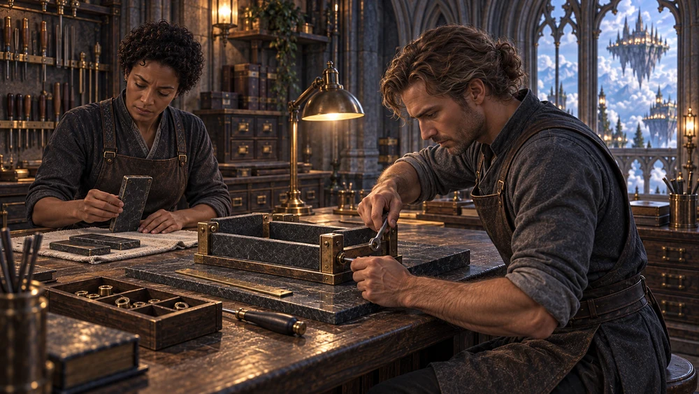 Two technicians adjust a cradle fitting and examine a replacement plate at a lamplit workbench.