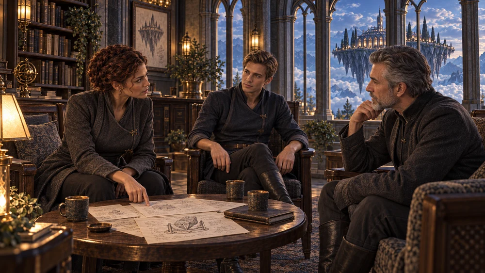 Three colleagues discuss an open drawing around a low table beside a window overlooking the pavilions.