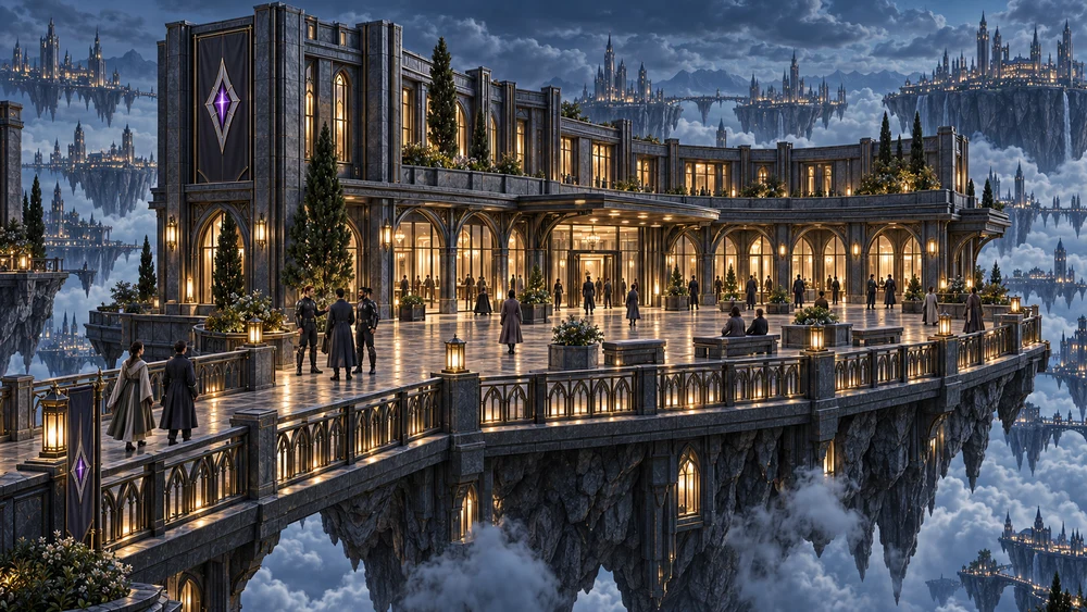 Arcane Watch’s curved station galleries and violet emblem overlook a sheltered forecourt above blue-grey clouds.