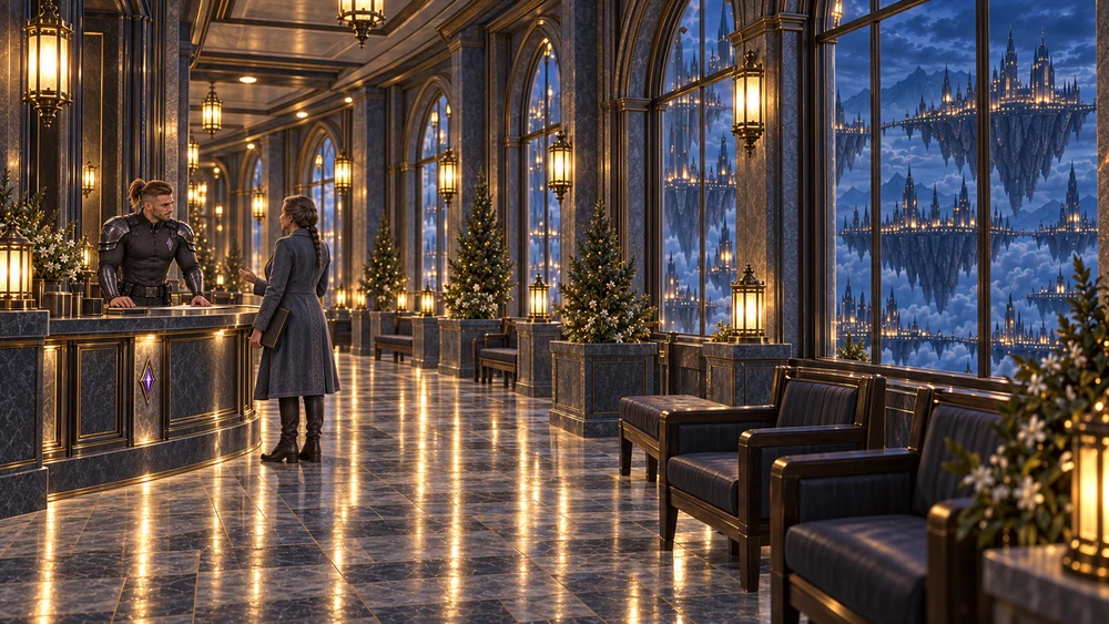An officer listens to a visitor at reception as empty chairs face Ethaelis’s illuminated platforms.