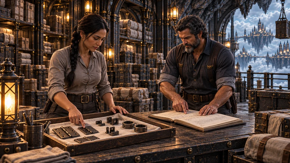 Two storekeepers compare metal fittings on pale linen with an open delivery ledger.