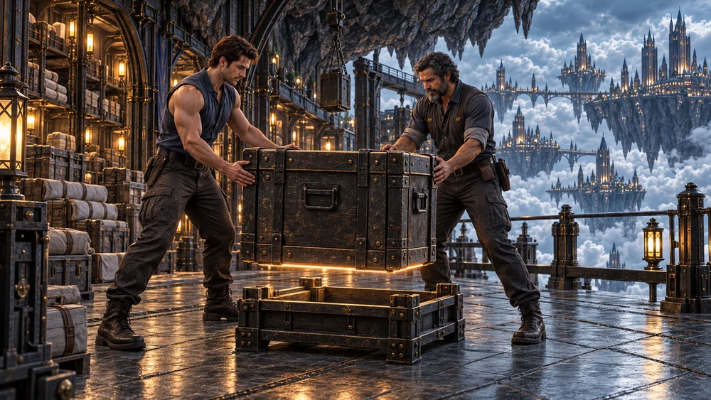 Two workers lower a reinforced case toward its supports, with a narrow amber glow beneath the load.