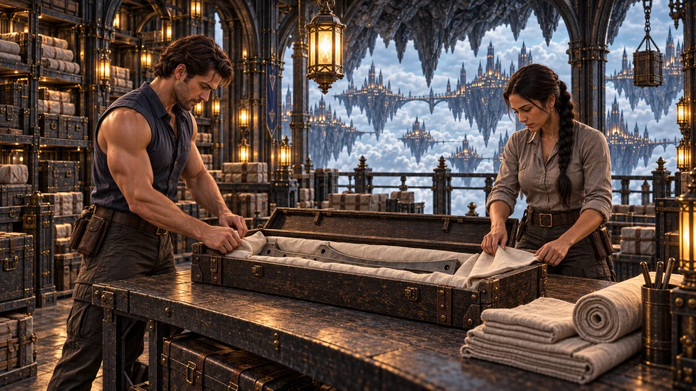 Two storekeepers fold pale linen around a metal brace inside an open packing case.