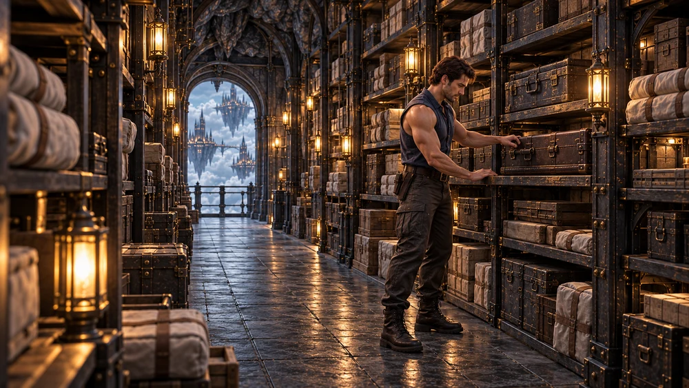 A storekeeper attends a case among deep shelves of parcels and linen beside warm lamps.