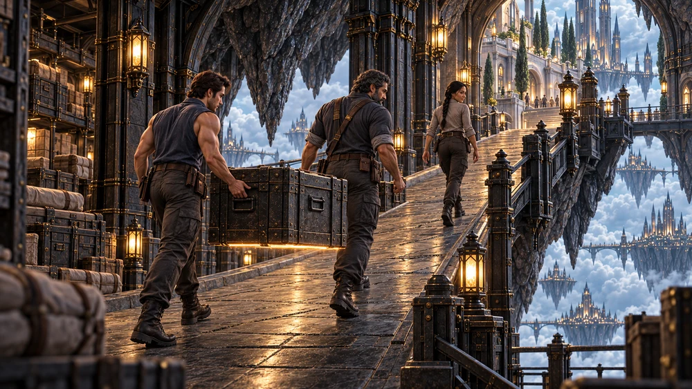 Two storekeepers guide a suspended chest up a stone passage while their colleague walks toward the terraces.