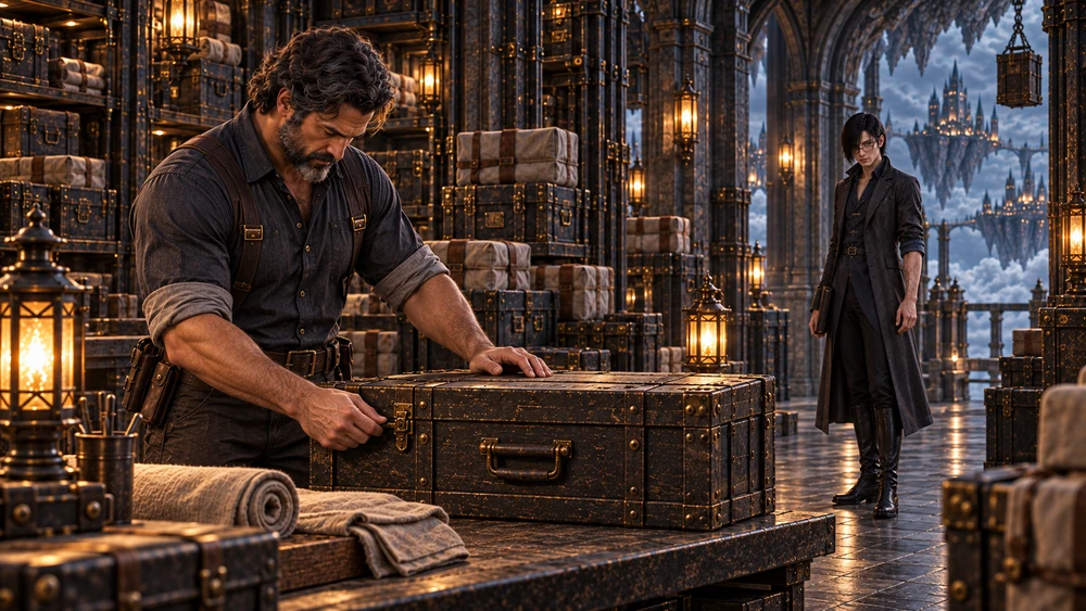 A storekeeper fastens a closed case while a young man with narrow glasses and a dark folio watches nearby.