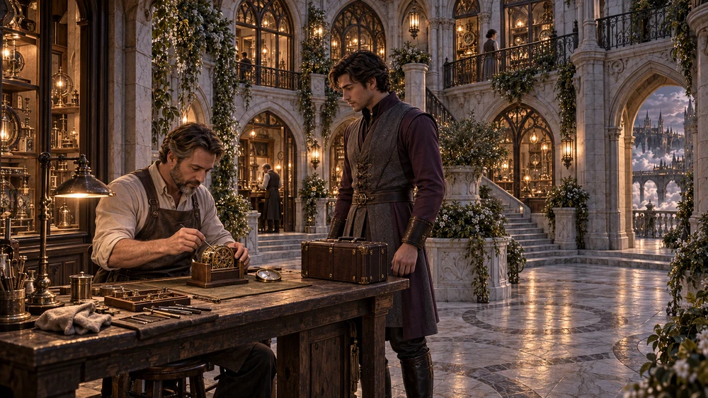 A clockmaker bends over an open mechanism while a visitor watches from the other side of the bench. Behind them, warm windows and planted galleries enclose the court.