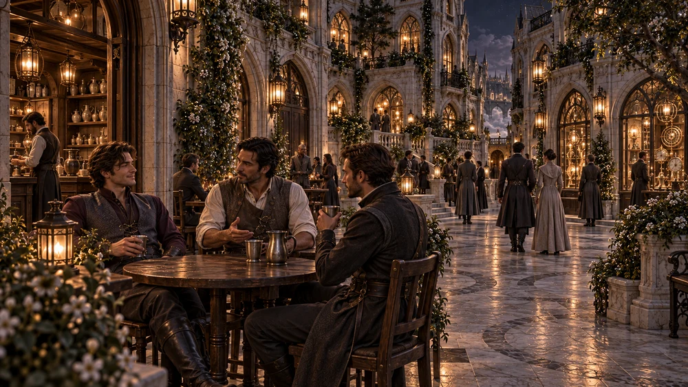 Conversation gathers around the evening tables outside the clockmakers’ galleries. Warm lamps reach across the stone paving as neighbours linger over drinks.
