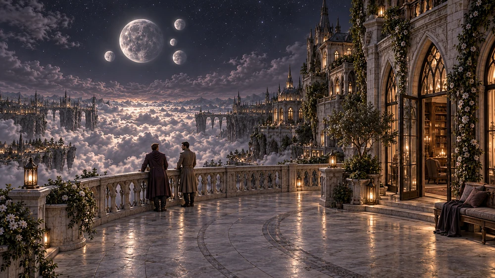 On a quiet residential terrace, two figures share the view beneath the five moons. Warm windows frame the open sky above Selvaris’s silver clouds.