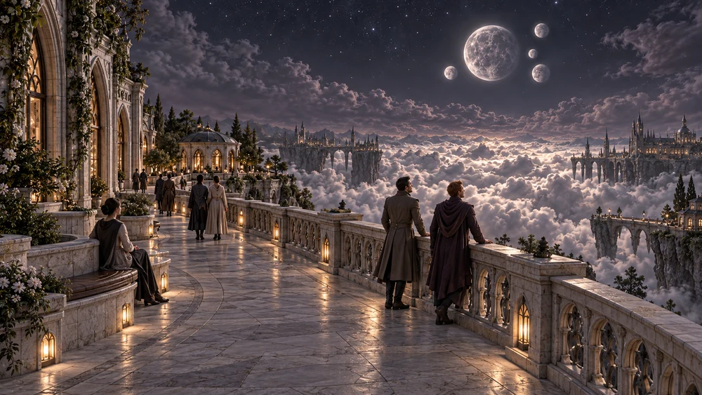 Two residents pause beside the balustrade beneath the five moons. The broad walk follows Selvaris’s open edge, looking across the clouds toward its inhabited terraces.