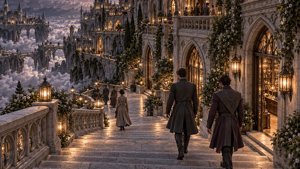 Broad, gently descending steps carry residents between Selvaris’s planted terraces. Sheltered doorways and low lamps accompany the route toward the Park of Orbits.