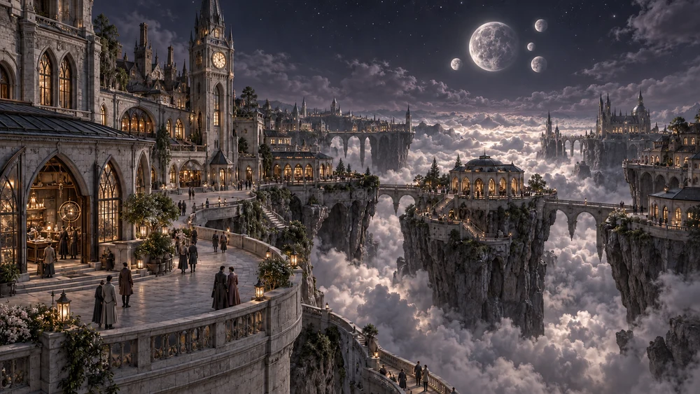 Curved terraces and warm windows rise above the silver cloud banks. Beyond the clock tower, Selvaris opens toward one great moon and four smaller companions.