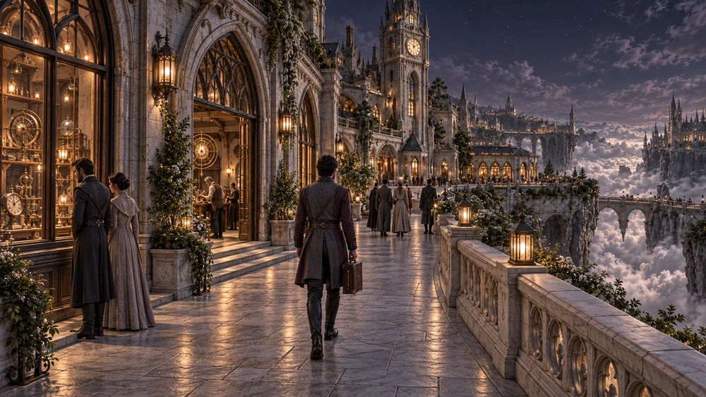 Warm workshop windows line the approach to Selvaris. Residents follow the pale stone walk toward the clock tower, with silver clouds visible beyond the balustrade.