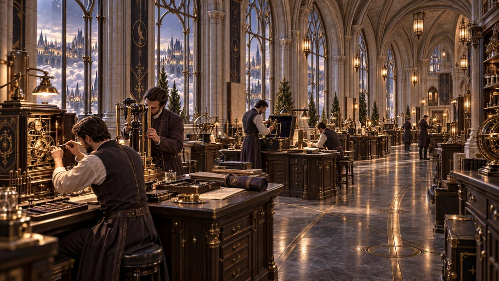 Warm lamps illuminate open clockworks and precision instruments. Along the tall windows, Selvaris’s horologists adjust mechanisms, compare measurements and prepare each piece for its return to the city.