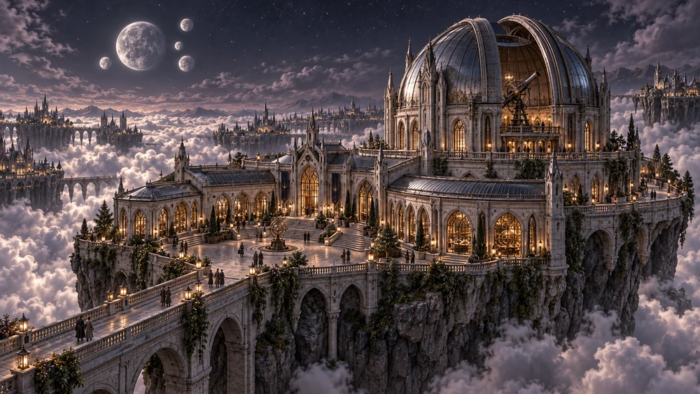 An open silver roof rises above the observatory’s pale stone galleries. Curved wings shelter its arrival court, while the great chamber faces the sky beyond Selvaris. One large moon and four smaller companions hang above the silver cloud banks; warm windows reveal work continuing within.